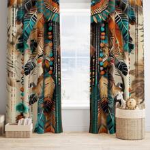 Bohemian Feather Pattern Semi-Sheer Curtains - 2pcs Polyester Pongee Woven Rod Pocket Drapes For Bedroom, Embossed Knit Fabric, Machine Washable Contemporary Window Treatments - Fashion Curtain Panels For Living Room & Office Decor