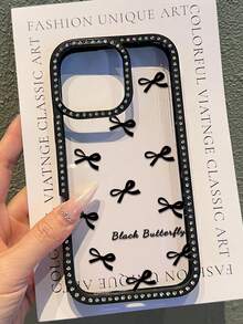 Black Bow Double-Sided Rhinestone Phone Case, Stylish & Creative, Compatible With IPhone 12 Pro Max/14/16/15 Plus/13 Pro/11 - Gift For Women - Black - View 8