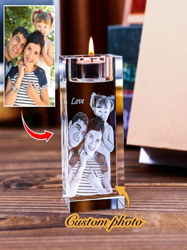1 PIEZA Portavelas de cristal de vidrio con foto personalizada - Decoración elegante y personalizada para cena romántica, boda y hogar - Soporte de lámpara inalámbrica versátil, adecuado para regalos (vela no incluida)