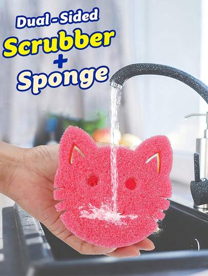 Set de 3 esponjas de fregado con diseño de cara de gato lindo, de doble capa y sensible a la temperatura - Fuerte descontaminación, seguro para utensilios de cocina, aplicable para el fregadero de la cocina moderna