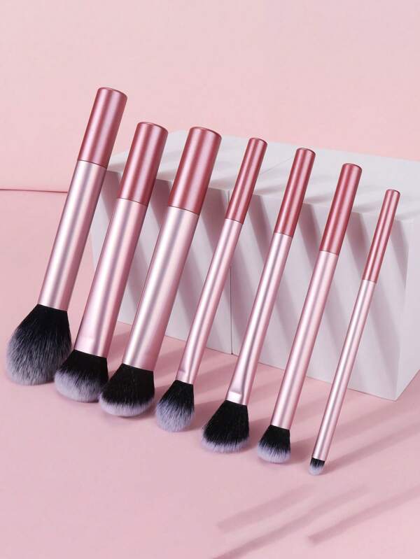 Set de 7 piezas de brochas de maquillaje profesionales color rosa, incluyendo brochas para rubor, polvos, corrector, sombras de ojos, herramientas cosméticas completas, ideal para viajar y regalo