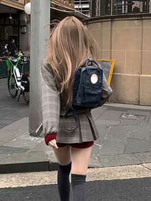 Áo khoác ve áo kẻ caro khối màu cổ điển dành cho nữ, dáng rộng, ôm dáng, mùa xuân/thu, phong cách đại học, áo khoác denim - Xám - Xem 3
