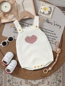 1pc Baby/Toddler Girls' Heart Pattern Knit Romper, Sleeveless Jumpsuit, Casual & Minimalist