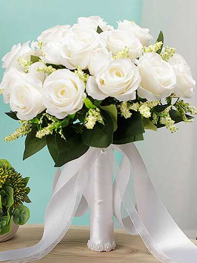 1 Bouquet White/Champagne Wedding Bridal Bouquet, Beaded Heart Shape Rose Bouquet, Pure White Crystal Bouquet, Rustic Butterfly Pearl Bridal Bouquet, Romantic Artificial Bouquet For Wedding, Valentine's Day