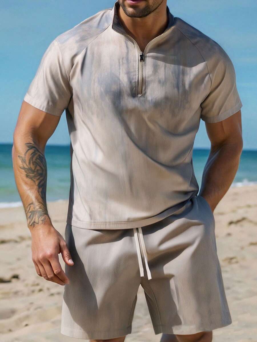 Gradient Camouflage Print Shirt & Shorts Set, Men's Summer Cool Short Sleeve Shorts Set