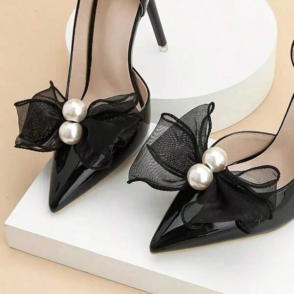 1 Pair Elegant Black Mesh & Faux Pearl Decor Shoe Clips, Removable DIY Accessory Suitable For Women Shoes, Applicable For Various Occasions