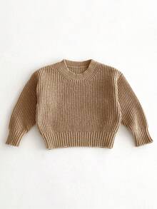 1pc Boys/Toddlers/Infants Khaki Solid Color Sweater, Children Casual Comfortable Knitted Pullover Long Sleeve, Suitable For Autumn/Winter