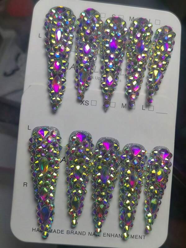 10pcs Luxury Almond & Teardrop Fake Nails Set, Long Pointed, AB Color Crystal, Handmade, Glossy Surface, Love & Diamond Design, Nude Mix, Perfect For Party, Wedding & Birthday Gift