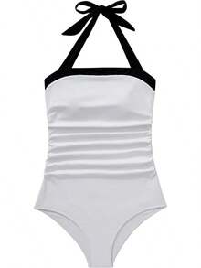 Women Sexy Tummy Control One Piece Swimsuit Halter Retro Bathing Suit - 68 White Black - View 4