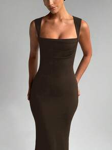 Sommer Damen ärmeloses Bodycon elegantes langes Kleid mit quadratischem Kragen, sexy Party Abendkleid - Braun - Übersicht 5