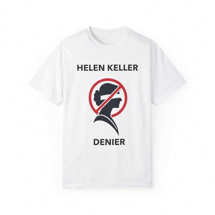 Statement Lettering Cotton Tee – "Helen Keller Denier" Casual Graphic Shirt - trắng - Xem 1