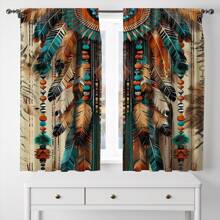 Bohemian Feather Pattern Semi-Sheer Curtains - 2pcs Polyester Pongee Woven Rod Pocket Drapes For Bedroom, Embossed Knit Fabric, Machine Washable Contemporary Window Treatments - Fashion Curtain Panels For Living Room & Office Decor