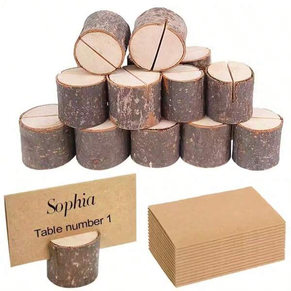 40 piezas/20 piezas Soportes de tarjetas de lugar de madera, soportes rústicos premium para números de mesa, tarjetas de lugar de papel kraft, soportes de fotos de madera, ¡genial para nombres de mesas de boda y talla grande!