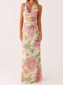 Halter Long Dress For Women Summer Fashionable Flower Print Backless V Neck Slim Fit Sleeveless Dress