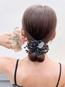 [ One Size Fits All -1PC, Random Color ]Women's Mesh Lace Flower Crystal Headband, Suitable For Daily Hair Styling, Low High Bun Hairstyle, Suitable For Party And Birthday Hair Styling, Bun Hairstyle, Flower Rubber Band Headband
