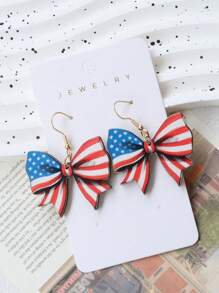 1 Pair American Independence Day Bowknot Red White Blue Patriotic Flag Earrings, Contrast Color Fashion Earrings, Holiday Party Gift