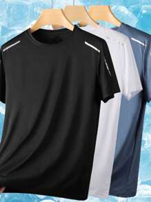 Set de 3 Prendas Deportivas para Hombre: Camiseta de cuello redondo de manga corta con estampado en estilo fitness y moda casual, Camiseta de entrenamiento deportivo con estilo novio para running y baloncesto, Camiseta de manga corta de deporte de seda de hielo transpirable para verano.