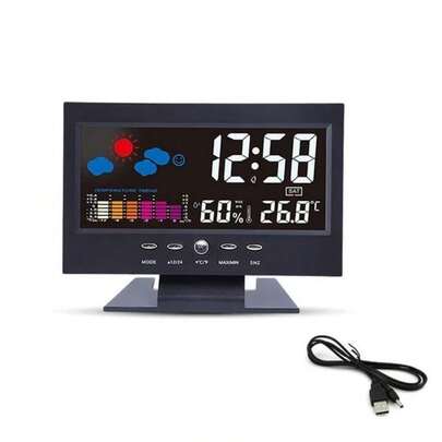 Multifunktionale elektronische Weckuhr mit Temperatur-, Feuchtigkeits- und Wetteranzeige, Nachttisch-/Schreibtischuhr, Dekorationsuhr für Zuhause mit USB-Kabel (Batterien nicht enthalten), Raumdekoration