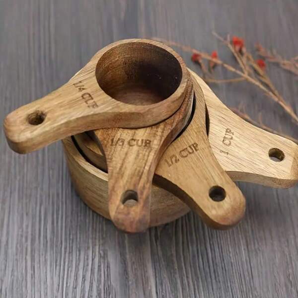 4pcs Set Wood Measuring Cups For Kitchen Baking - Recipe Measurements, Spices, Coffee Scoop
