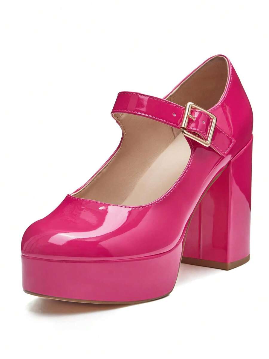 Women's T-Strap Round Toe Platform Heels Chunky Heel Patent Mary Jane Dress Shoes Christmas Gift & New Year Gift - 玫紅色 - 查看 1