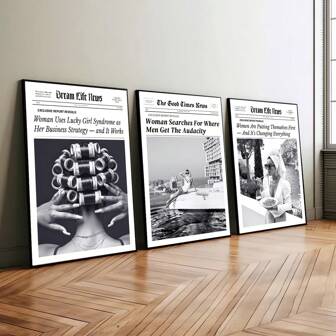 Set Of 3 Unframed Newspaper Lucky Girl Syndrome Black White Wall Art Poster Canvas Print Fashion Girly Room Aesthetic Decor Painting For Dorm,Living Room,Bedroom,Modern Home Decoration