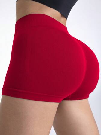 1 pieza Pantalón corto de yoga para mujer sin costuras de cintura alta elástica y diseño de nalgas melocotón