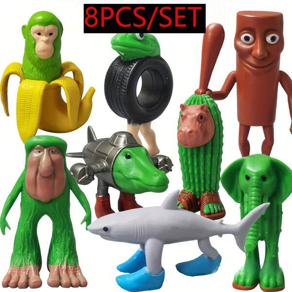 Set Of 8 Wacky Italian Plastic Figurine Brainrot Tung Tung Tung Sahur Tralalero Tralala Funny Desktop Decor, Gag Gift For Halloween Christmas Birthday | Quirky Folk Art Style Sculptures, Unique Shelf Display