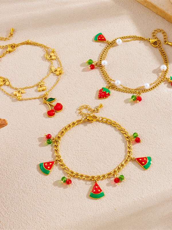 1 pièce Bracelet à la mode en acier inoxydable avec pendentif en forme de fraise, de cerise, de pastèque et d'huile de fruit