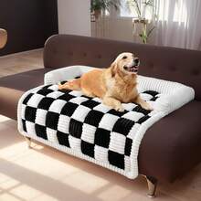 Fuzzy Pet Couch Covers For Sofa, Dog Couch Cover Fuzzy Sofa Cover Cream Square Plaid Dog Bed Plush Dog Mat For Furniture Protector For Large Medium Dogs And Cats - 黑色 - 查看 1