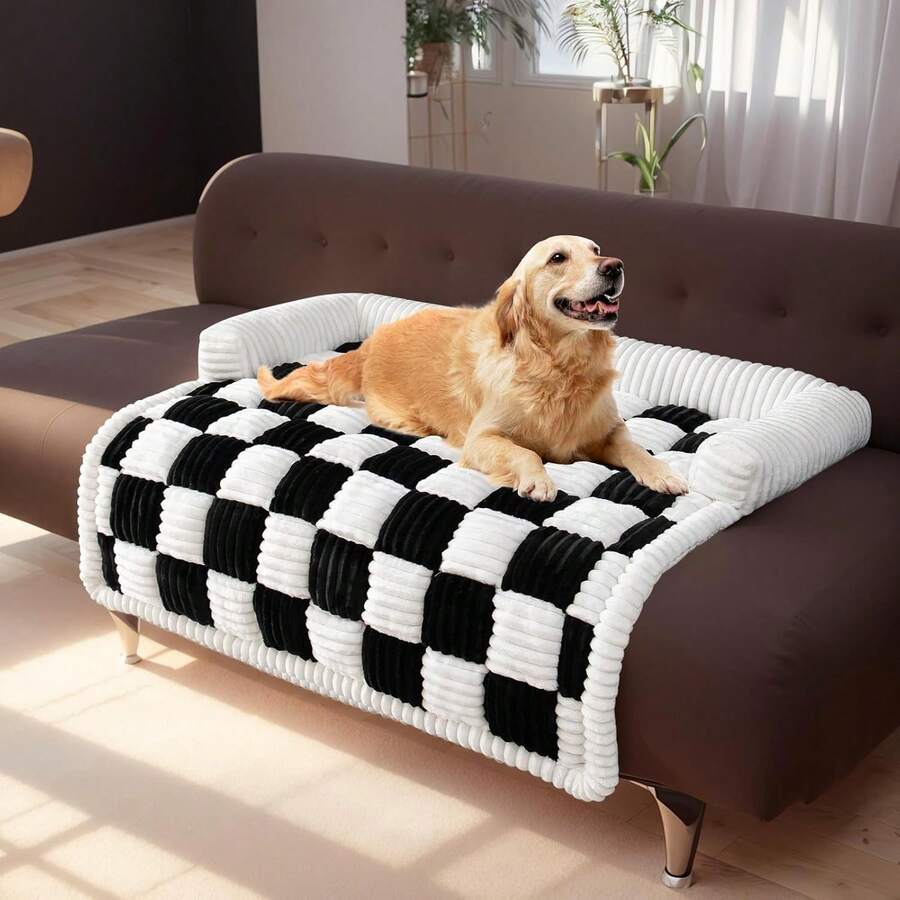 Fuzzy Pet Couch Covers For Sofa, Dog Couch Cover Fuzzy Sofa Cover Cream Square Plaid Dog Bed Plush Dog Mat For Furniture Protector For Large Medium Dogs And Cats - 黑色 - 查看 1