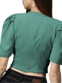 Blusa De Moda Dama Casual y Cómoda Con Manga Abullonada Mujer - Verde Sage - Ver 2