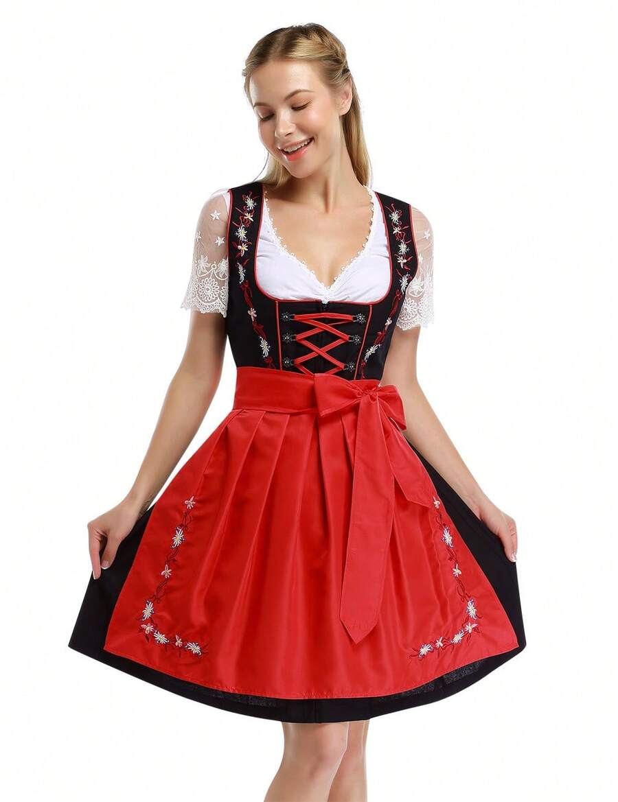 Women's German Dirndl Dress Oktoberfest Costume Dresses For Bavarian Oktoberfest Festival 2pcs - 紅色 - 查看 1