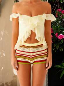 Tops de mujer con hombros descubiertos, volantes, color liso, espalda descubierta, ombligo al descubierto, estilo urbano de verano. - amarillo claro - Ver 2