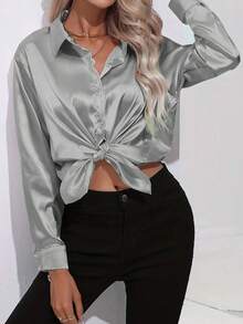 女式优雅百搭垂坠复古长袖缎面衬衫，春夏 - 銀灰色 - 查看 9