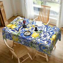 1 块柠檬印花桌布 - 鲜艳的蓝色和黄色花卉图案，提花涤纶，矩形，非常适合餐厅装饰、婚礼、野餐、露营和生日派对、户外餐桌布、柠檬厨房装饰