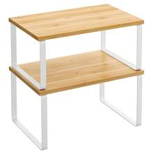 Étagère à Épices, Lot de 2, Organisateur de Placard, Étagère de Rangement de Cuisine Extensible, Porte-épices Empilable, Métal, Bois d'Ingénierie, Blanc Nuage et Beige Naturel