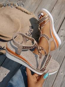 WRCVS 米色女士编织带坡跟凉鞋，手工串珠编织黄麻厚底轻便波西米亚风，提升夏季户外休闲时尚感，旅行必备单品 - 米色 - 查看 5