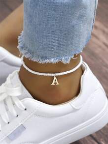 1pc Bohemian Style Elegant Women Letter Pendant Anklet With White Plastic Beads, Stainless Steel Anklet, Gift For Girlfriend/Mother, Summer Jewelry
