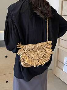 Bolso cruzado de macramé hecho a mano con borlas para mujer, bolso vintage, bolso de viaje, bolso para teléfono, bolso femenino, bolso de hombro, bolsos de paja para el verano hechos a mano con borlas, bolsos de playa 2025 de rafia y ratán trenzado, bolsos de hombro cruzados de vacaciones, embragues