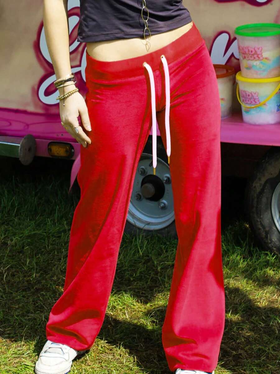 Women Loose Pants Star Patch Drawstring Elastic Waist Trousers Spring Fall Casual Sweatpants Bottoms - Red - View 1