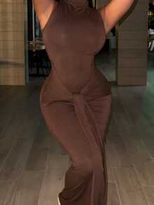 Alexandranx 女式立领系带连衣裙，性感优雅 - 棕色 - 查看 5