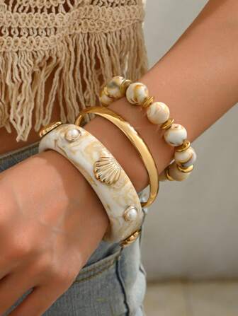  3pcs Bohemian Gradient Resin Multilayer Shell & Faux Pearl Bracelet/Bangle Set, Suitable For Women To Wear In Daily, Vacation, Casual Gathering, Party, Jewelry Gifts, Color Random
