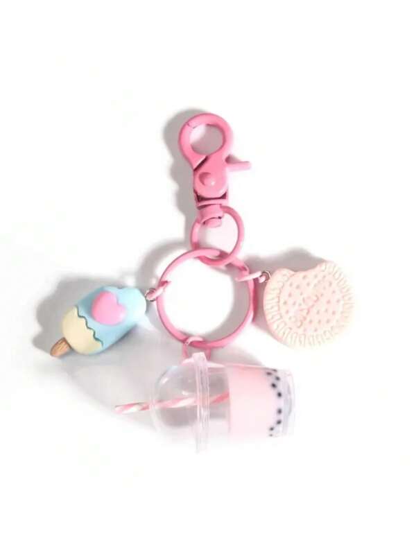 Sweet Pink Ice Cream & Bubble Tea Keychain Set - Cute Biscuit Keyrings For Girls Girl Handbag Purse Jewelry Friendship Gift