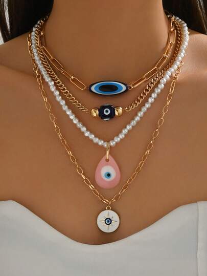 4 件套波西米亚风格奢华多层珍珠恶魔眼吊坠项链套装，高端时尚，适合女性日常、旅行、度假穿着