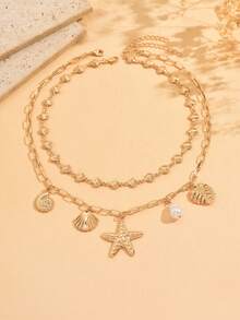 2pcs/Set Bohemian Style Versatile Shell Handmade Chain Necklace With Alloy Starfish & Shell Pendant, Suitable For Daily Wear, Vacation, Date, Music Festival, Layered Or Standalone Wear, Customizable Length - Multicolor - View 3