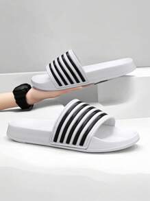 Teenager Black & White Striped Contrast Color Slip-On Slippers, Casual Beach/Outdoor, School Student Shower/Pool Slides, Sports Sandals, Thick Soft Comfortable