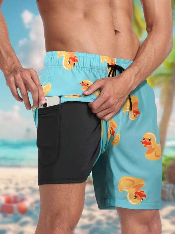 Ensemble de 2 pièces Short de plage et maillot de bain avec imprimé canard jaune, cordon de serrage pour homme, parfait pour l'été et les loisirs