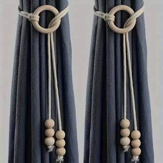2pcs Bohemian Wooden Bead Curtain Tiebacks - Handmade Rope With Adjustable Beige Wooden Beads, No Drilling Required, Perfect For Living Room, Bedroom, Or Office Decor, Bedroom Accessories | Bohemian Style | Polyester Cord, Curtains For Living Roo
