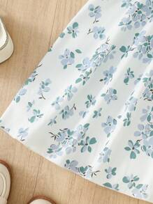 Set de 2 piezas vestido de tirantes informal con estampado floral pequeño y chaqueta para niñas, para vacaciones de verano