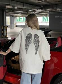 Maglietta da donna nuova arrivata per la primavera/estate con stampa ad ali, collo rotondo, maniche corte, di moda per un uso casual quotidiano, outfit personalizzato